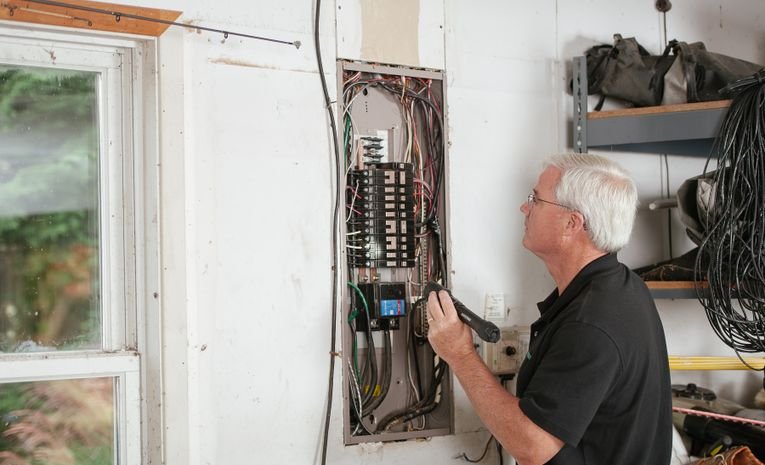Electrician inspecting a residential fuse box
