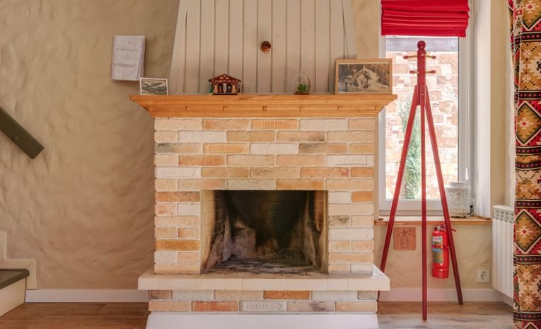Cozy living room with a brick fireplace