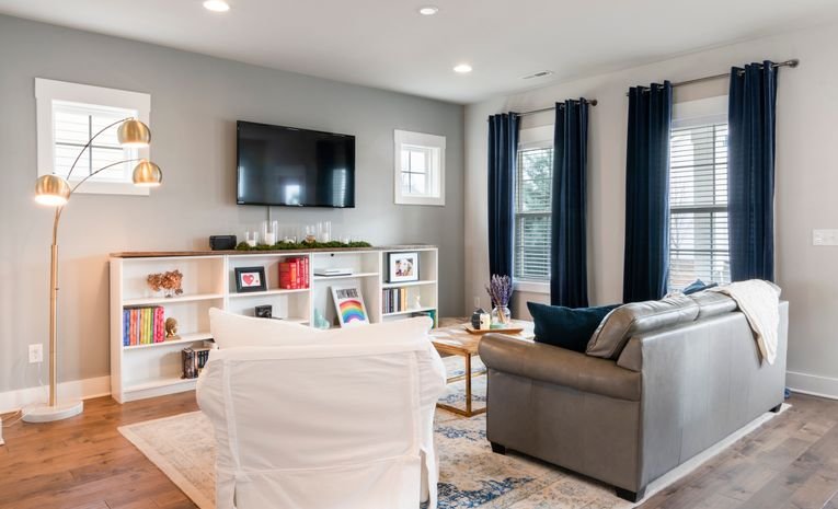 Cozy living room with sofa, curtains, and bookshelf
